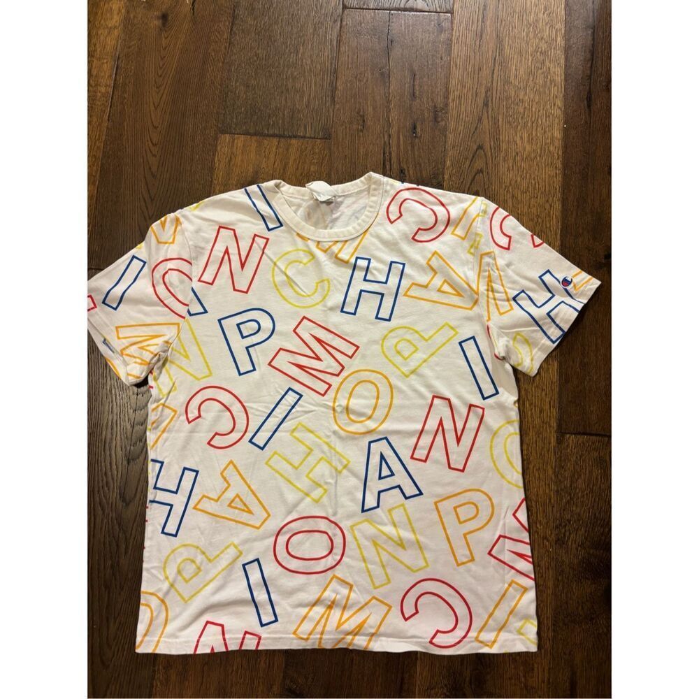 Champion heritage all over print logo letters tshirt rainbow L - Picture 2 of 7